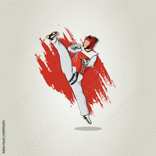 Fighter in the martial arts of taekwondo. Kimono, helmet, belt, combat gloves, body protectors. Vector illustration.