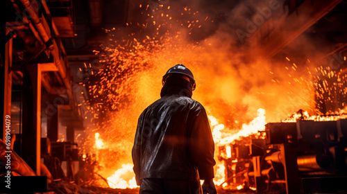Steel foundry protective equipment and helmet surrounded by glow and sparks of molten metal during welding metalworking. The silhouette of worker against fiery background, heat and harsh conditions