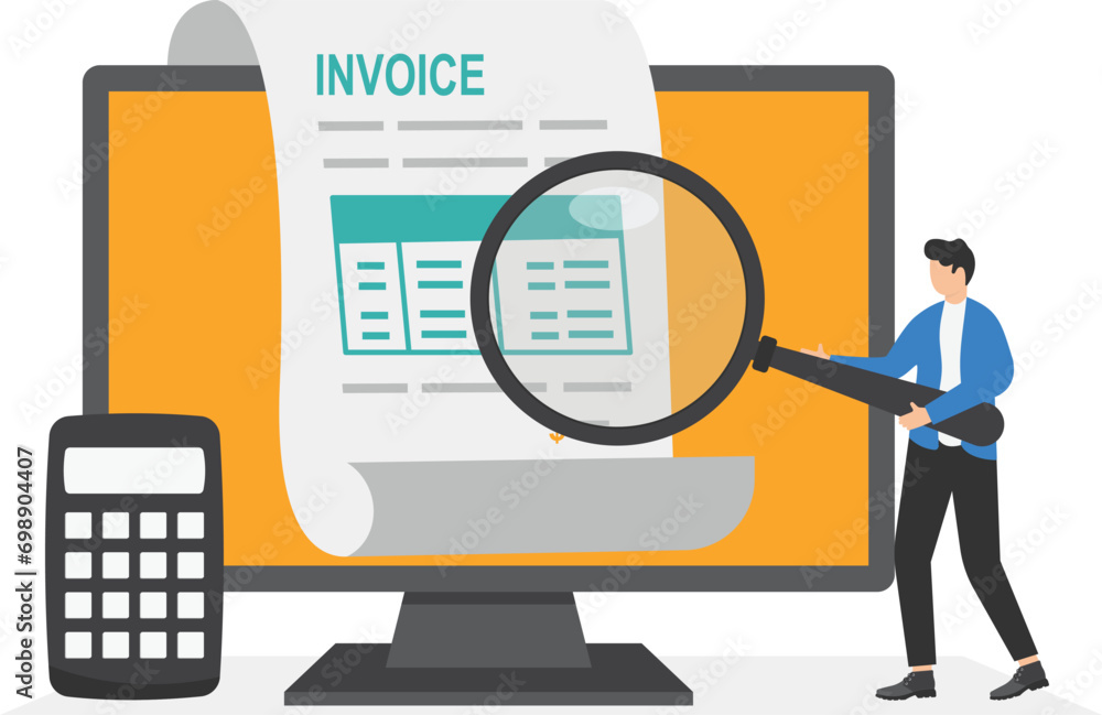 Invoice concept. Man holds magnify glass with calculator icon. Business ...