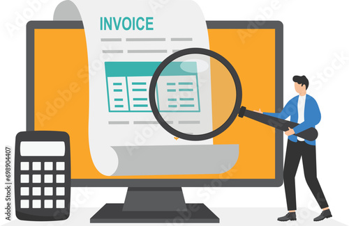 Invoice concept. Man holds magnify glass with calculator icon. Business transaction and payment vector illustration

