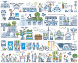 Smart city infrastructure and urban development in outline collection set, transparent background. 5G, IOT or robotic automation elements for environmental digital growth illustration.