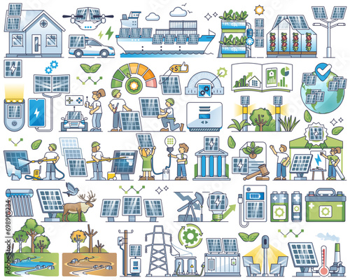 Solar energy and sun panels for electricity generation outline collection set, transparent background. Items with green power storage, smart and effective usage illustration.