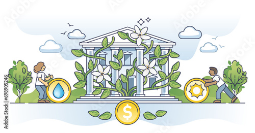 Sustainable finance as green ecological business development outline concept, transparent background. Environmental economy with ESG strategy or principles illustration. Nature friendly banking.