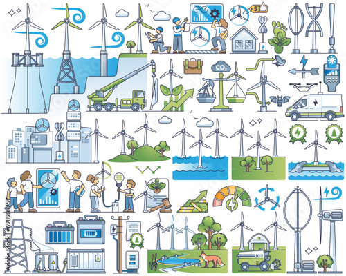 Wind energy as green, sustainable electricity production outline collection, transparent background. Elements set with eco infrastructure.