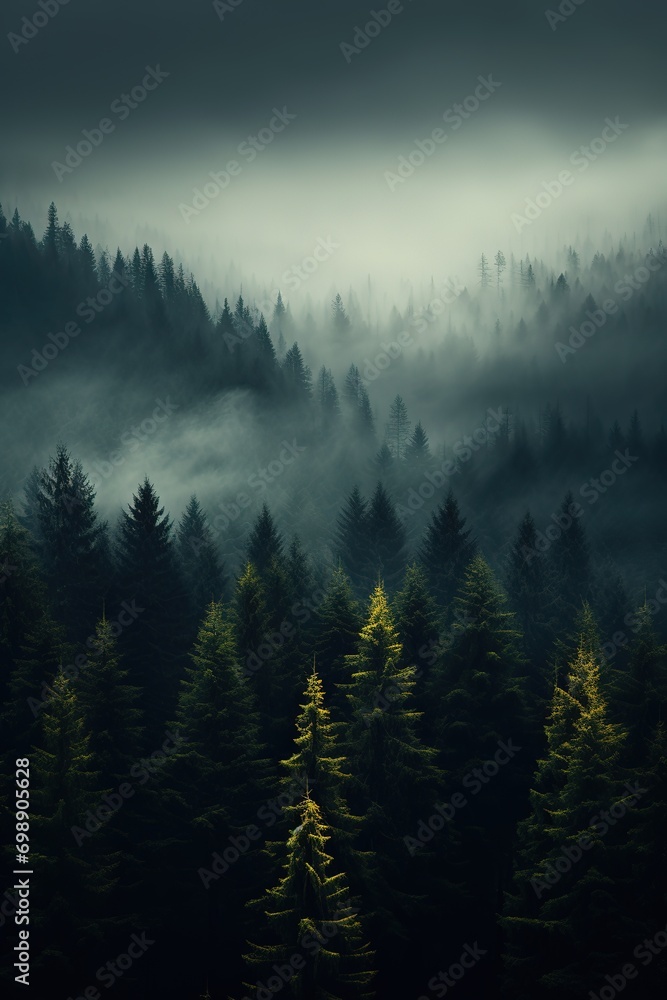 the land of pine trees, rain forest, mist, autumn fog