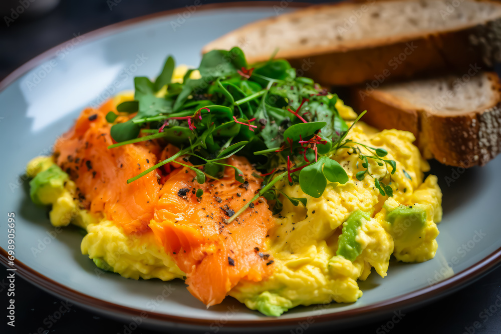 Delicious and Tasty Avocado Toast with Smoked Salmon, Breakfast Plate on Rustic Wooden Table. Delicious and Tasty Avocado Toast with Smoked Salmon, Breakfast Plate on Rustic Wooden Table.