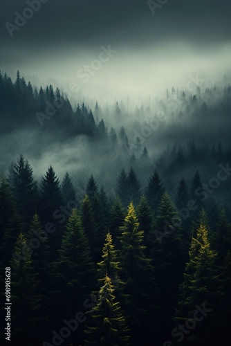 the land of pine trees, rain forest, mist, autumn fog © Intelligence Studio