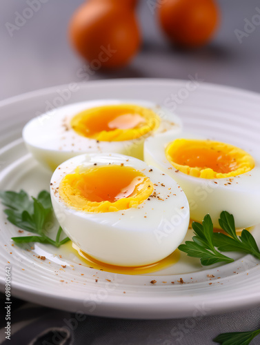 Perfectly Cooked Boiled Eggs on Ceramic Plate, Nutritious Snack, High-Protein Breakfast Idea, Food Photography