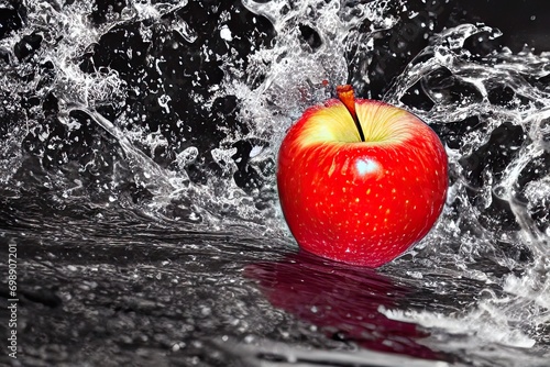 red apple falling into water splach photo