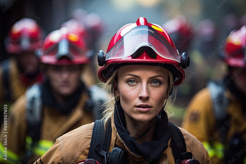 A focused female firefighter stands out with a resolute gaze, her team poised behind her