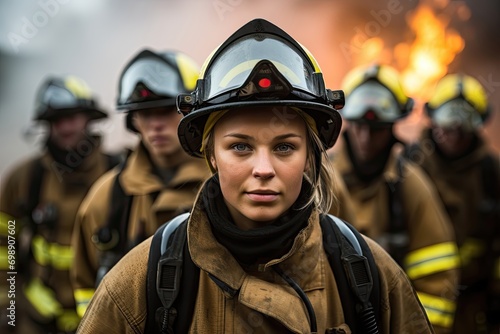 A female firefighter stands confidently in front of her team with a fierce blaze in the background © AdriFerrer