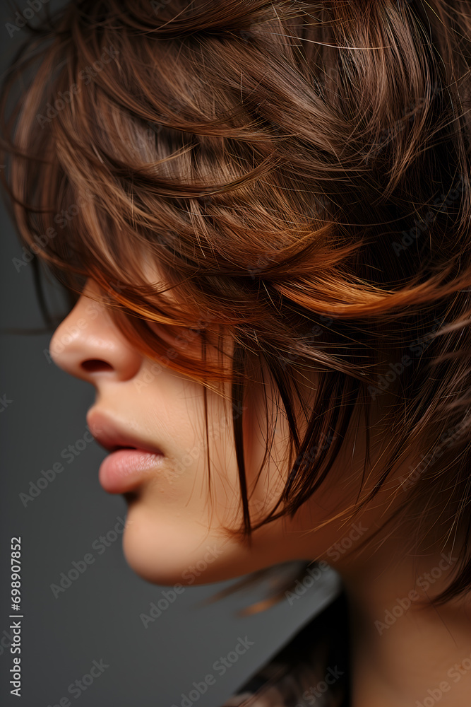 Close-up of Layered Shaggy Hairstyle, young attractive model
