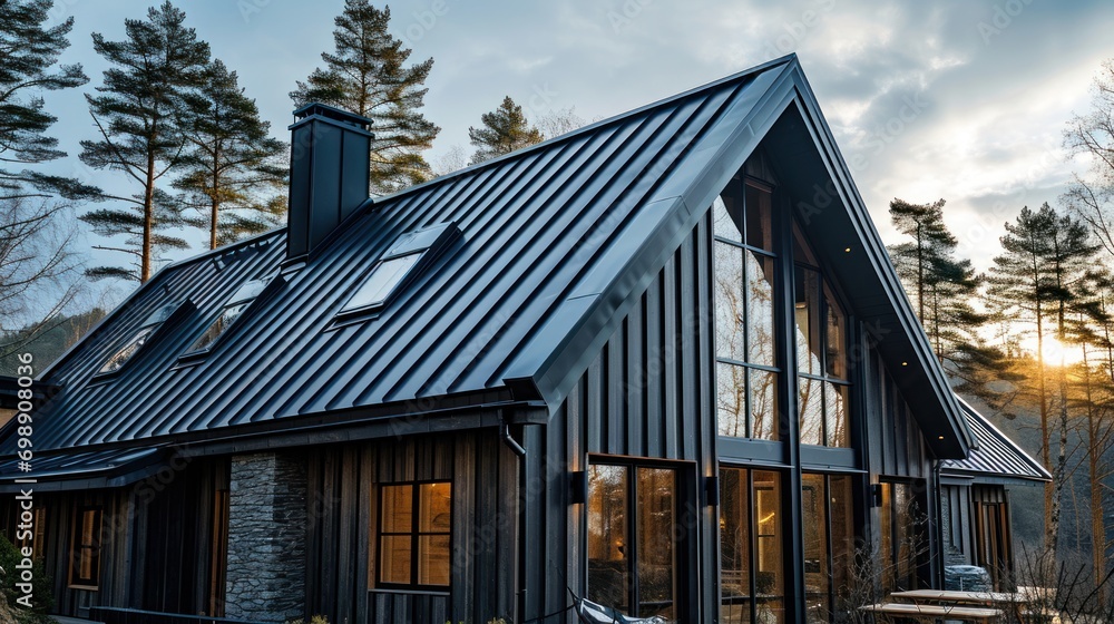 Black corrugated metal roof installed in a semi modern house. Black corrugated metal roof installed in a semi modern house.