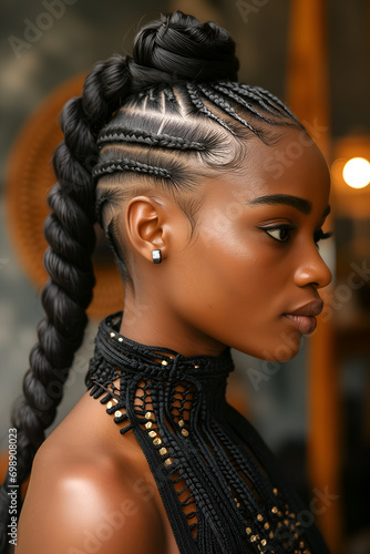 Close-up of Braided Ponytail Hairstyle, young attractive model photo