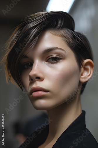 Close-up of Asymmetrical Cut Hairstyle, young attractive model