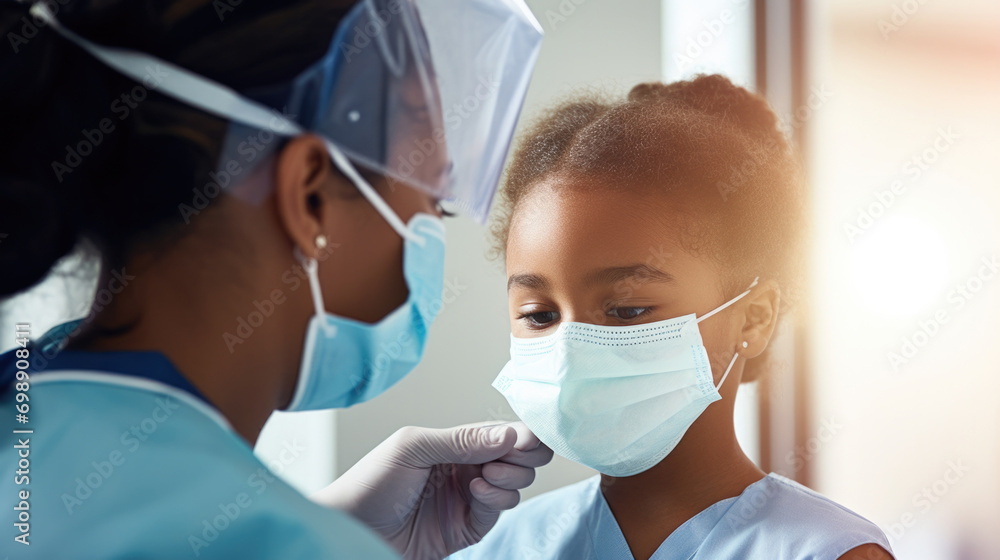 A caring nurse helps a young girl put on a surgical mask. Generative AI. A caring nurse helps a young girl put on a surgical mask. Generative AI.