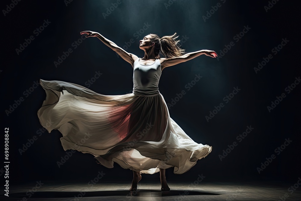 A skilled female dancer performing a graceful routine on stage