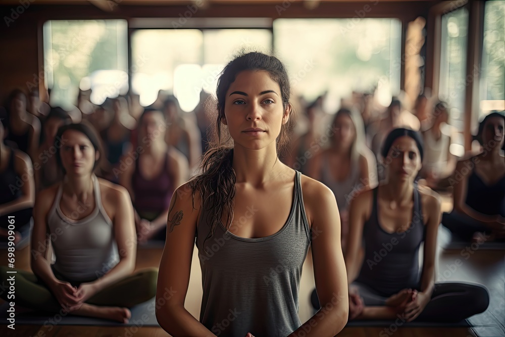 A determined woman in a yoga studio, leading a group through a challenging but serene yoga session