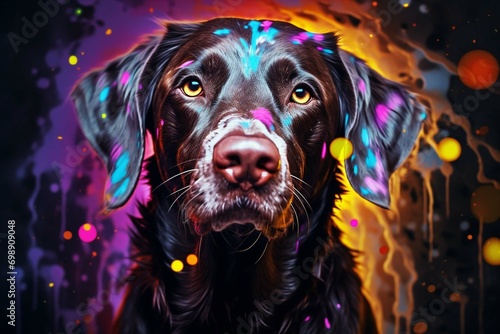closeup portrait of a dog with colorful vibes