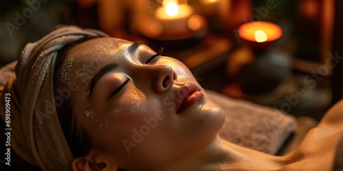Fresh-faced Asian beauty undergoing facial treatment at a Chinese spa