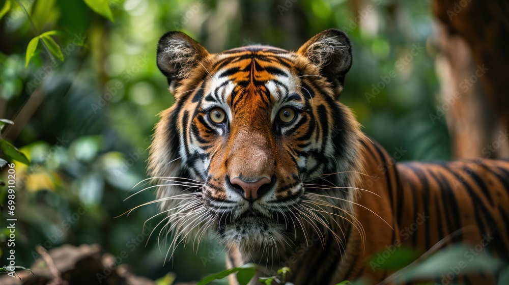 a dangerous, close-up, tiger-striped wild animal in the tropical forest. a dangerous, close-up, tiger-striped wild animal in the tropical forest.