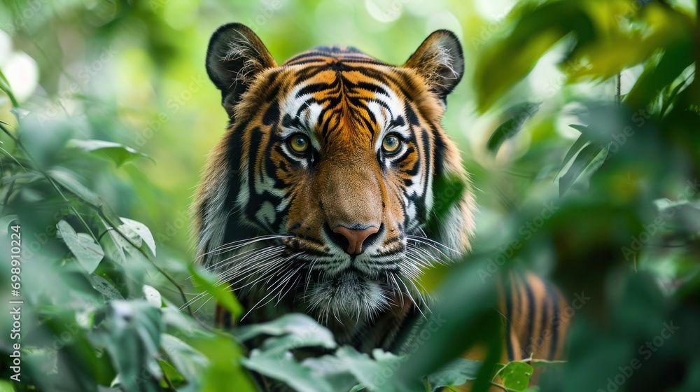 Fototapeta premium a dangerous, close-up, tiger-striped wild animal in the tropical forest.