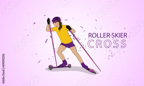 Girl is a roller skier on a light pink background. Vector illustration.