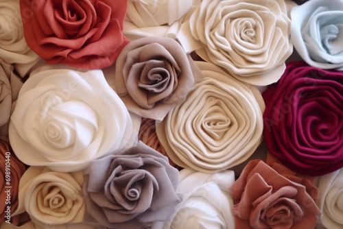 Many handmade fabric roses of various pastel colors. Group of beige, gray and red artificial flowers. AI-generated