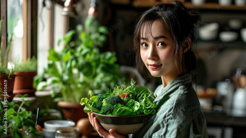 Asian attractive woman hold salad bowl and look at camera. Asian attractive woman hold salad bowl and look at camera.