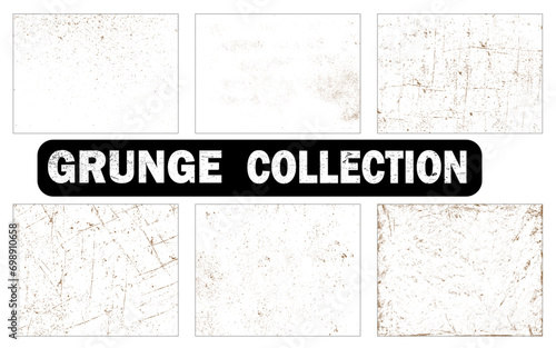 Grunge overlay texture collection with dust grain on white background. Distressed and grungy paint brush stroke or crack wall set for social media business template. Vintage frame and border pattern.