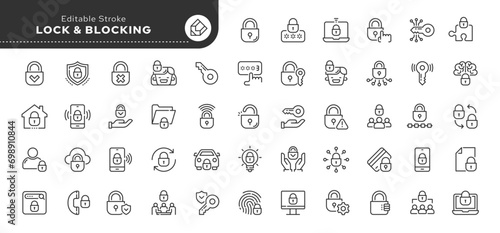 Locking lock, bloking line icon set. Padlock and shield. Protection, safety and security. Outline vector icon in linear style. Conceptual pictogram collection
