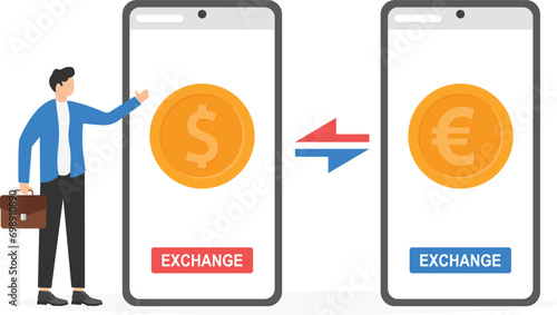 Foreign currency exchange service concept. Money exchange system online on smartphone app vector illustration


