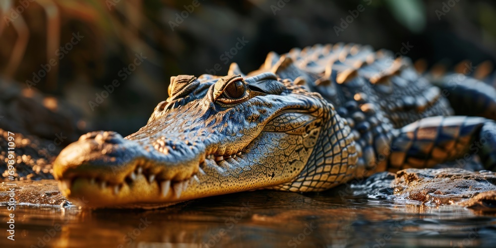 Siamese Crocodile lounges near pond, attentively observing. Siamese Crocodile lounges near pond, attentively observing.