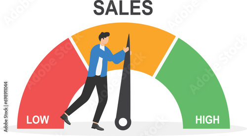 sales conceptual meter indicates. Businessman pushing a needle to high pointing

