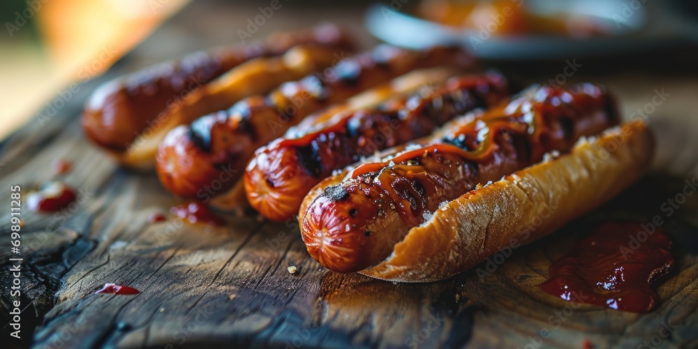 Tasty grilled hot dogs on a worn picnic table. - obrazy, fototapety, plakaty 