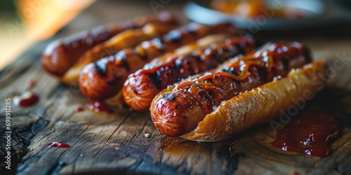 Tasty grilled hot dogs on a worn picnic table. photo