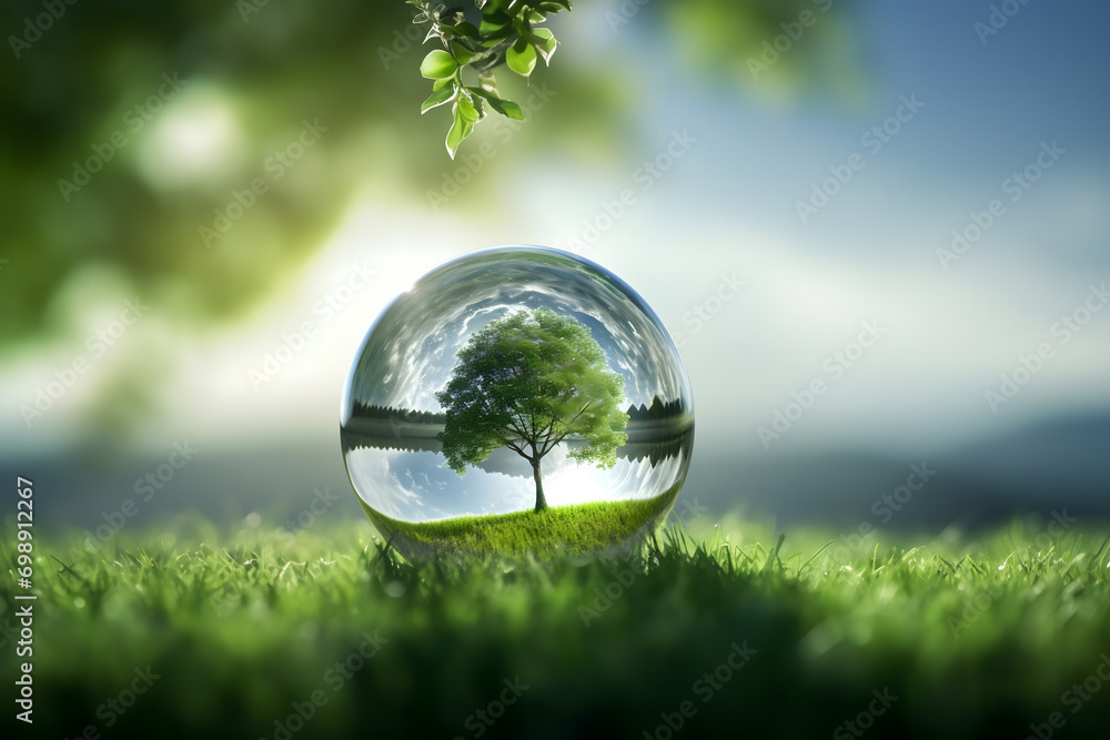 renewable energy light bulb with green energy, Earth Day or environment protection Hands protect forests that grow on the ground and help save the world, solar panels