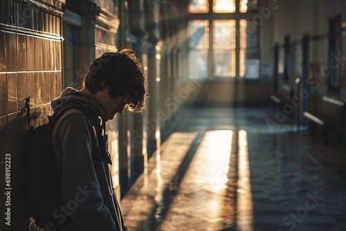 A boy with brown hair looking down a hallway photo