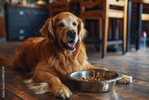 A Golden Retriever with a Silver Bowl of Food