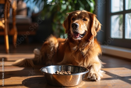 A Golden Retriever Dog Eating Out of a Bowl