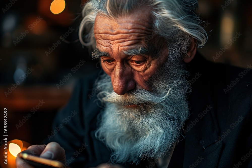 An old man with a beard and mustache looking at a cell phone.
