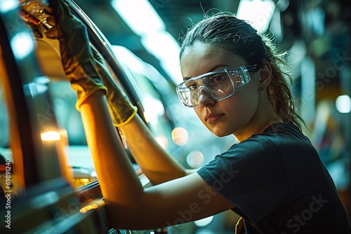 Woman wearing safety goggles and yellow gloves photo
