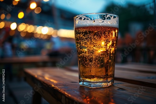 A glass of beer on a wooden table photo