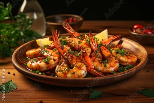 grilled shrimps with garlic and parsley on ceramic 