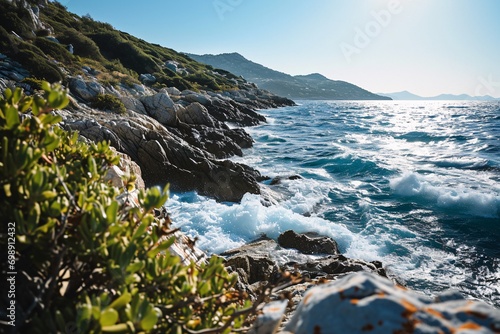 Rocky Shore with Blue Ocean and Green Plants photo