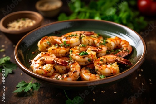 grilled shrimps with garlic and parsley on ceramic 