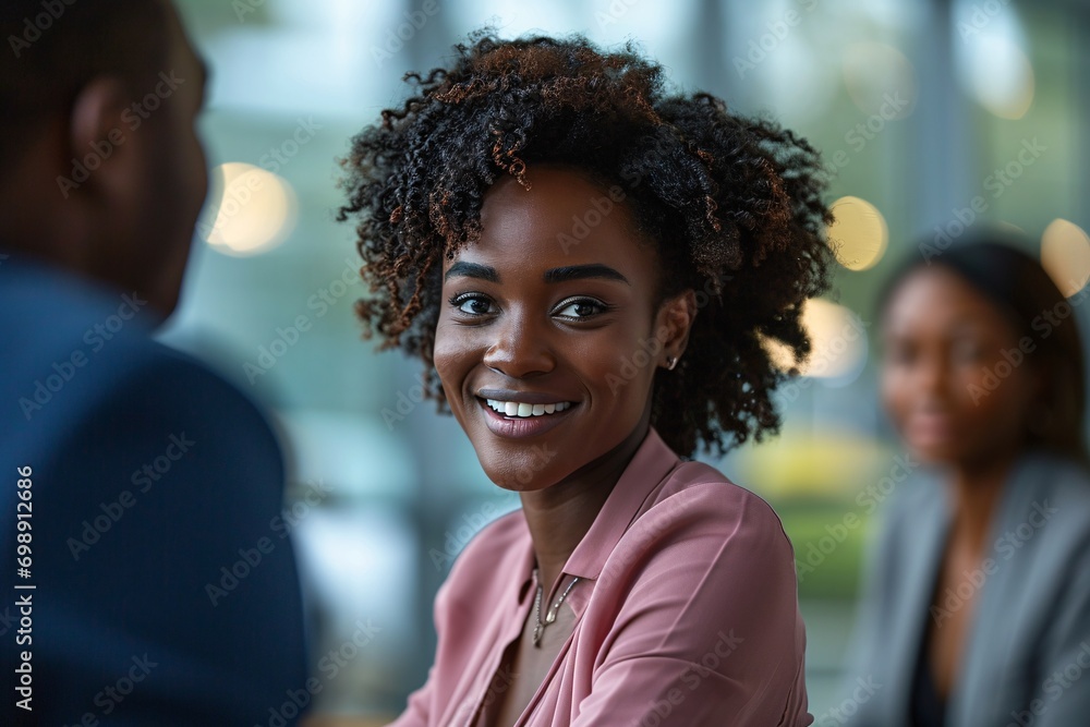 A smiling woman with curly hair and a pink jacket A smiling woman with curly hair and a pink jacket
