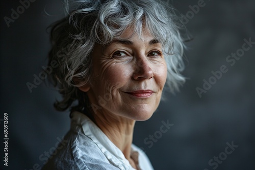 A woman with white hair and wrinkles smiling at the camera