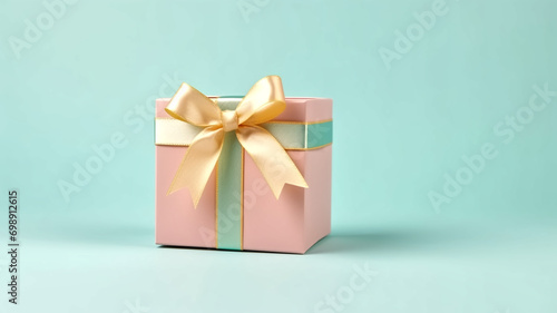 Top view of pastel colours gift box with ribbon on bright pastel background.