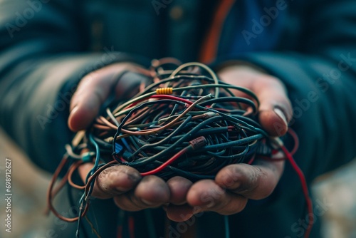 A person holding a bunch of wires. photo